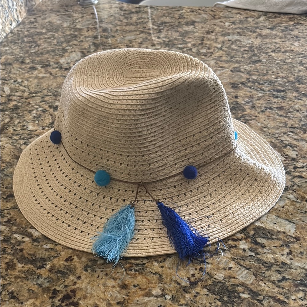 Ladies Tan Straw Hat with Blue Tassels